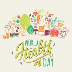World health day concept with healty lifestyle background. Vector illustration.