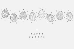 Easter egg icons collection in doodle style. Hand drawn illustration. Banner background.