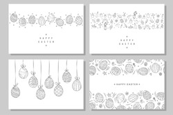 Collection of happy easter cards. Hand drawn easter banners in doodle style. Vector illustration.