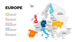 Europe continent vector map infographic template. Slide presentation. Global business marketing concept. Color Europe country. World transportation geography data. 