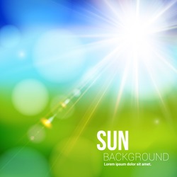 Bright shining sun with lens flare. Soft background with bokeh effect. Vector illustration.