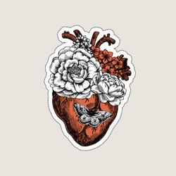 Tattoo anatomy vintage illustration. Floral anatomical heart. Vector illustration