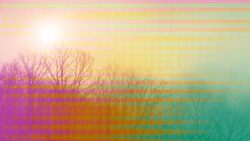 An abstract filtered psychedelic view of a foggy sunrise.