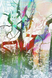 A psychedelic composite photo of a gnarly tree branches.