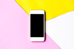 Flat lay phone blank screen and flowers on top view,background in pastel colors.clipping path inside