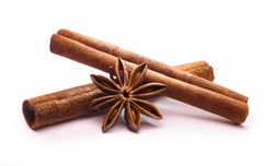 cinnamon stick and star anise on white background