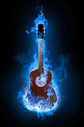 Fire electric guitar on background