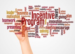 Incentive program word cloud and hand with marker concept on white background.