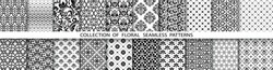 Geometric floral set of seamless patterns. Black and white vector backgrounds. Simple illustrations