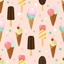 Cute pink ice cream and candy seamless pattern. Great for yummy summer dessert wallpaper, backgrounds, packaging, fabric, scrapbooking, and giftwrap projects. Surface pattern design.