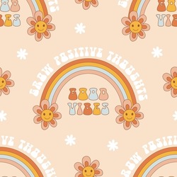 Retro 70s 60s Hippie Groovy Flower Rainbow Floral Daisy Happy Smile Face vector seamless pattern. Grow positive thoughts Good vibes pharase. Boho Summer Flower Power Flower Child surface design.