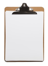 Classic brown clipboard with blank white paper on isolated background.