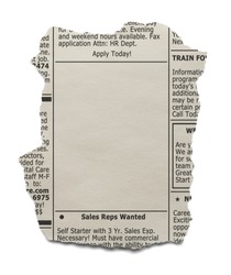 Newspaper clipping of the want ads with copy space isolated on white background.