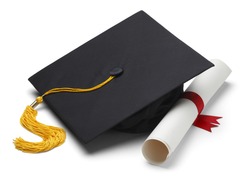 Black Graduation Cap with Degree Isolated on White Background.