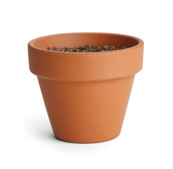 Orange Terracotta Pot with Soil Isolated on White Background.