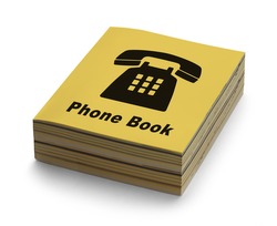 Yellow Phone Book with Black Phone on Cover Isolated on White Background.