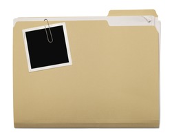 Folder with Papers Stuffed Inside with Photo on Top Isolated on White Background.
