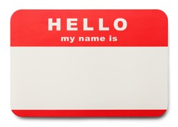 Red Hello My Name Is Tag with Copy Space, Isolated on White Background.