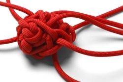 Red Rope in A Tangled Mess Isolated on White Background.