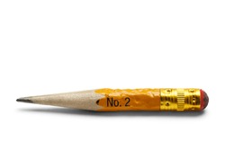 Small Number Two Pencil with Worn Eraser and White Marks Isolated on White Background.