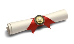 Degree Scroll with Red Ribbon and Diploma Medal Isolated on White Background.