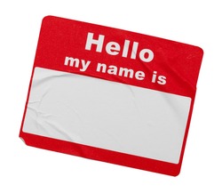 Used Wrinkled Hello Tag Isolated on White Background.