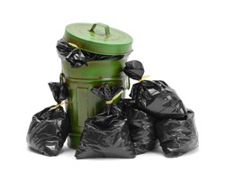 Garbage Can and Pile of Trash Bags Isolated on White Background.