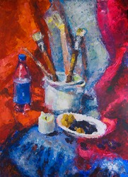 Still life with brushes and candle - impressionist painting