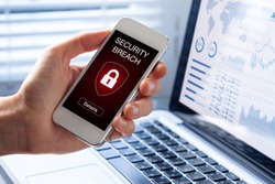 Security breach warning on smartphone screen, device infected by internet virus or malware after cyberattack by hacker, fraud alert with red padlock icon