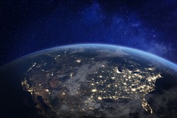 USA and North America from space at night with city lights showing human activity in United States, Canada and Mexico, New York, California, 3d rendering of planet Earth, elements from NASA