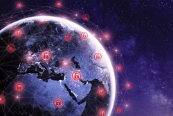 Global cyber attack around the world with planet Earth viewed from space and internet network communication under cyberattack with red icons, worlwide propagation of virus online