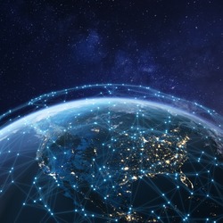 Telecommunication network above North America from space by night with city lights in USA, Canada and Mexico, satellite orbiting Planet Earth for Internet of Things IoT and blockchain technology