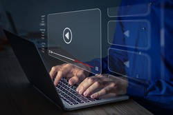 Video streaming on internet. Person watching online movie or TV series on laptop computer screen. Concept about subscription based live digital stream or channels, multimedia player with play button