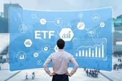 ETF Exchange-Traded Funds investment with investor building a portfolio of financial assets on market such as stock, bonds, commodities, currencies. Capital management and finance.