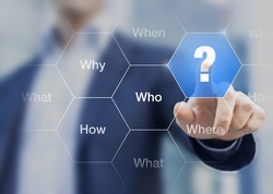 What, when, where, who, how, why questions on the screen with businessman touching a button, concept about brainstorming, decision making and searching solutions