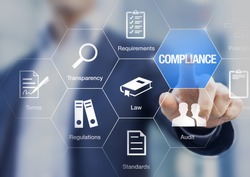 Compliance concept with icons for regulations, law, standards, requirements and audit on a virtual screen with a business person touching a button