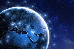Global communication network around planet Earth in space, worldwide exchange of information by internet and connected satellites for finance, cryptocurrency or IoT technology, image furnished by NASA