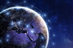 Communication network around Earth used for worldwide international connections for finance, banking, internet, IoT and cryptocurrencies, fintech concept, composition with planet image from NASA