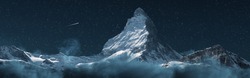 panoramic view to the majestic Matterhorn mountain at night with shooting star