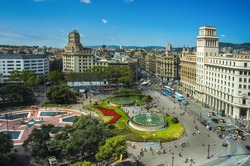 Aerial view of Placa Catalunya on August 17, 2012 in Barcelona, Spain. This square is considered to be the city center and some of the most important streets meet there
