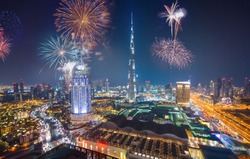 Fireworks display at town square of Dubai downtown, Dubai night celebrating view