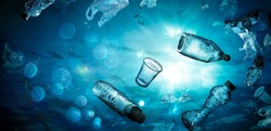 Plastic Pollution In Ocean - Underwater Shine With garbage Floating On Sea - Environmental Problem
