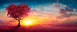 Heart Tree - Love For Nature - Red Landscape At Sunset