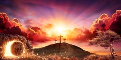 Resurrection - Crosses And Empty Tomb With Crucifixion At Sunrise - Abstract Defocused Lights