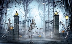 Halloween - Skeleton Inviting A Zombies Party In Cemetery With Foggy Forest