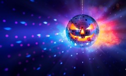 Halloween Mirror Ball In Disco - Pumpkins Face On Sphere In Nightclub With Smoke And Defocused Abstract Lights