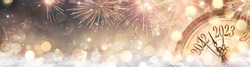 2023 New Year Celebration - Golden Clock And Fireworks At Eve Night In Abstract Defocused Lights