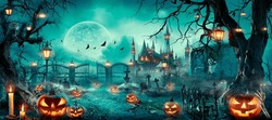 Halloween Scene - Party Of Pumpkins And Zombies In Graveyard At Moonlight - Contain Moon 3D Rendering - Unrecognizable, Deformed And Church with Reassembled Parts