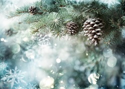 Fir Branch With Pine Cone And Snow Flakes - Christmas Holidays Background

