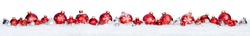 Red Balls In A Row Isolated On Snow - Christmas Border
